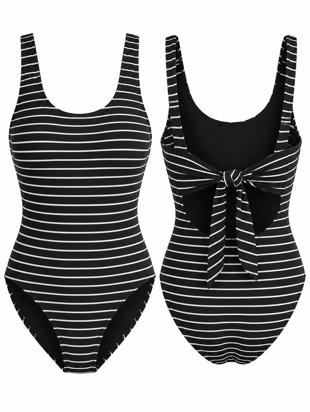 NWT Lands' End Black White Striped One Piece Swimsuit Tie Back M Nautical Preppy